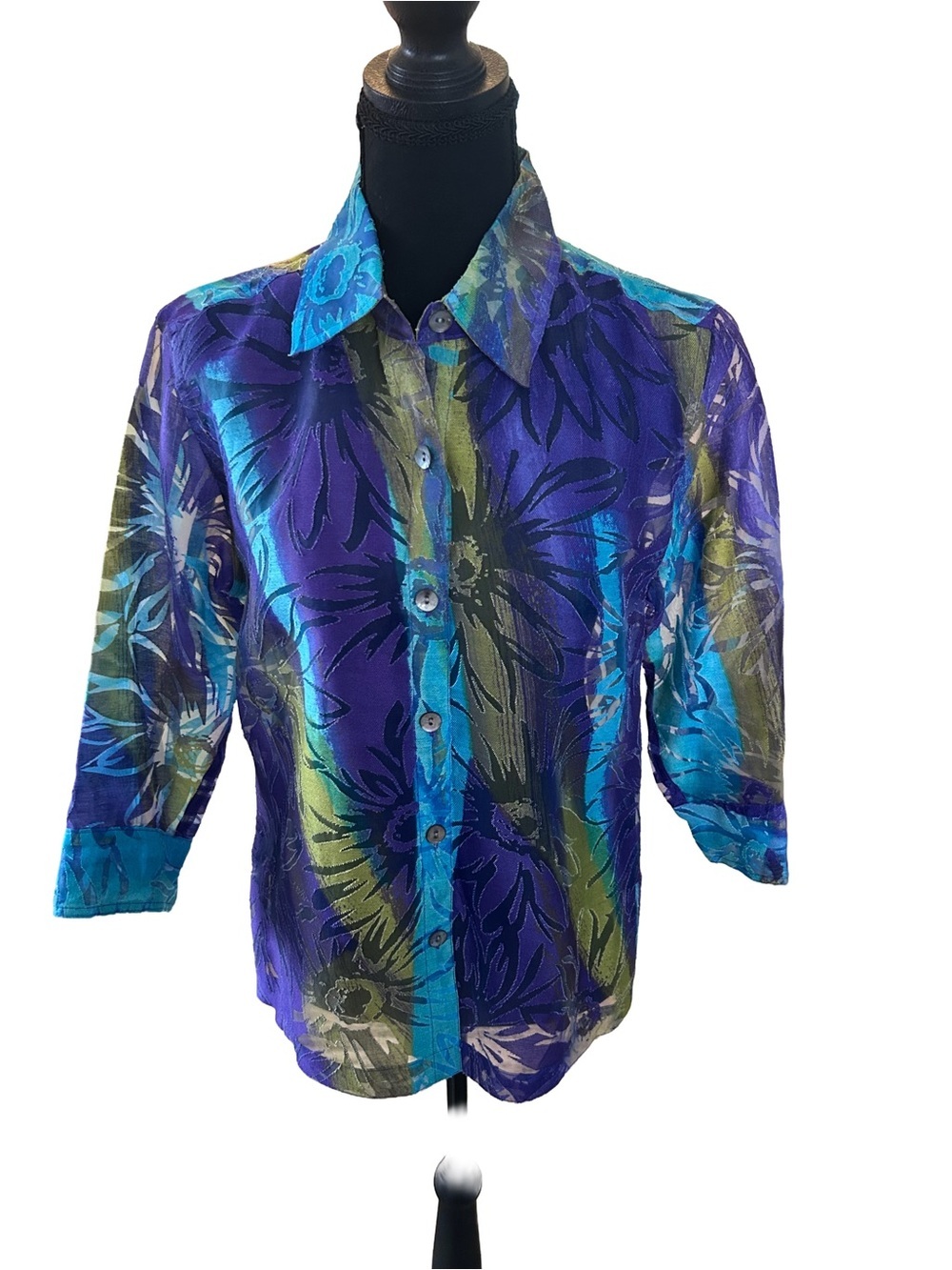 🌸 Choices Petite PM Purple Green Blue Rayon Linen Floral Button‑Front Blouse